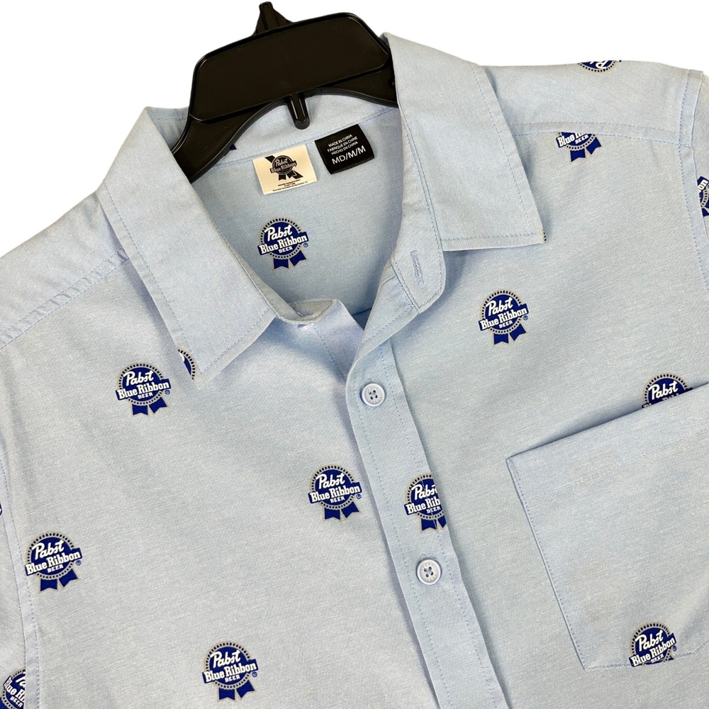 Pabst Blue Ribbon Beer All Over Print Button Down Shirt Light Blue M Mens‎